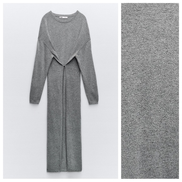 NWT. Zara Gray Wool Blend Knit Buttoned Multi-positional Midi Dress. Size L. - Picture 8 of 15